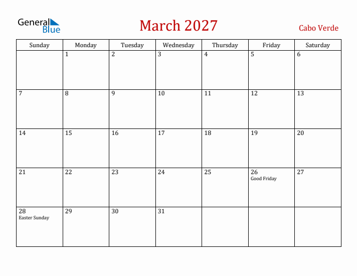 Cabo Verde March 2027 Calendar - Sunday Start