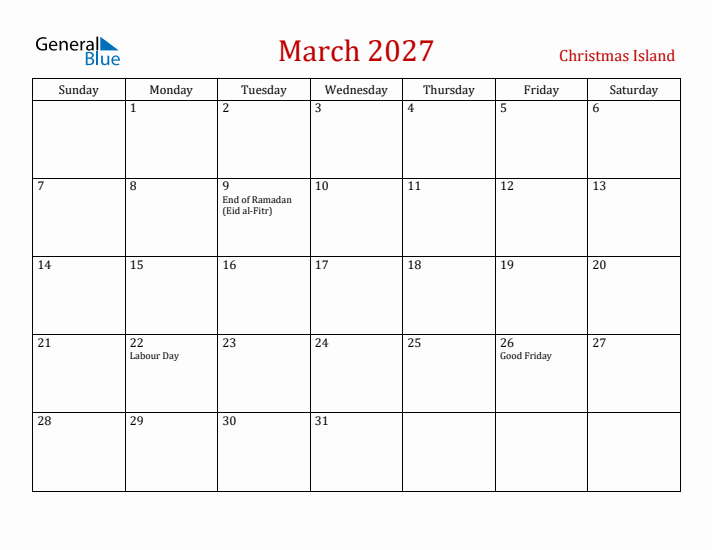 Christmas Island March 2027 Calendar - Sunday Start