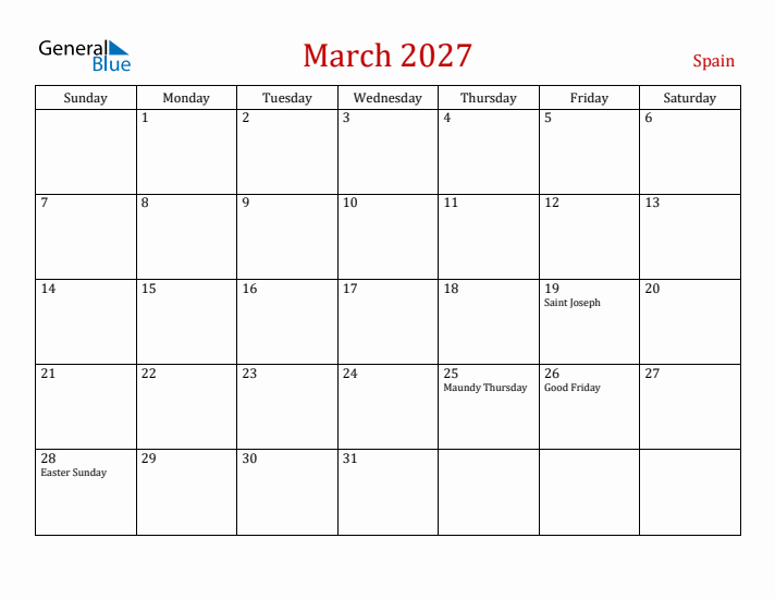 Spain March 2027 Calendar - Sunday Start