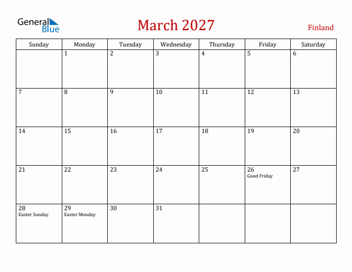 Finland March 2027 Calendar - Sunday Start
