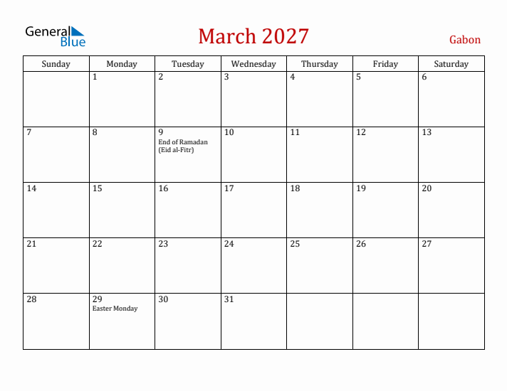 Gabon March 2027 Calendar - Sunday Start