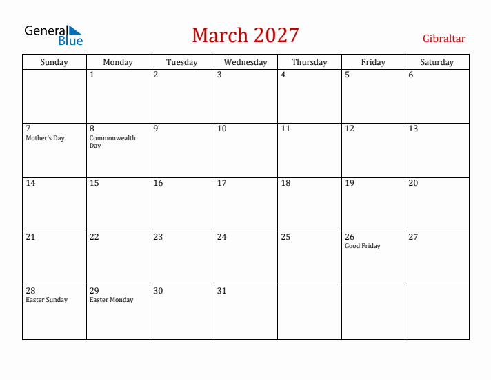 Gibraltar March 2027 Calendar - Sunday Start