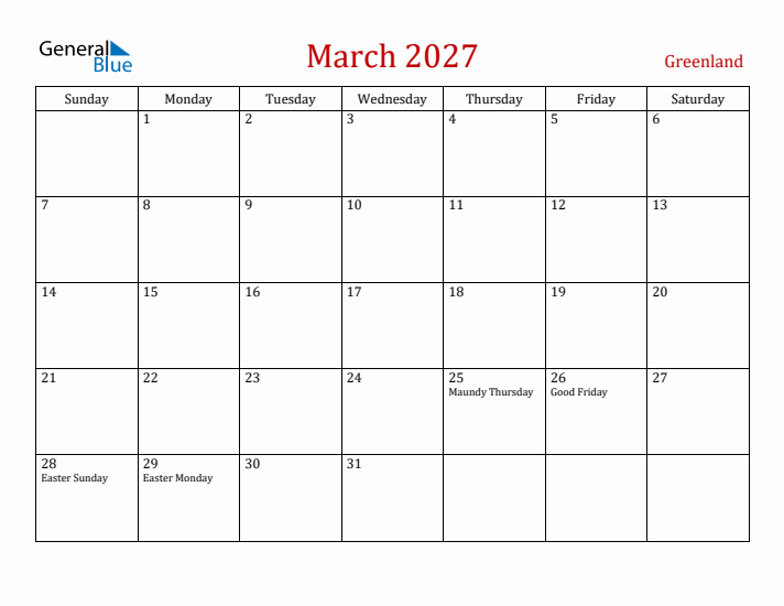 Greenland March 2027 Calendar - Sunday Start