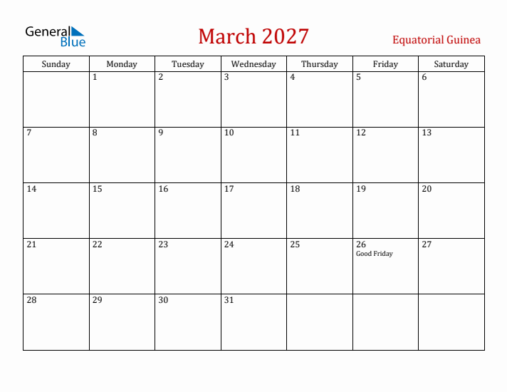 Equatorial Guinea March 2027 Calendar - Sunday Start