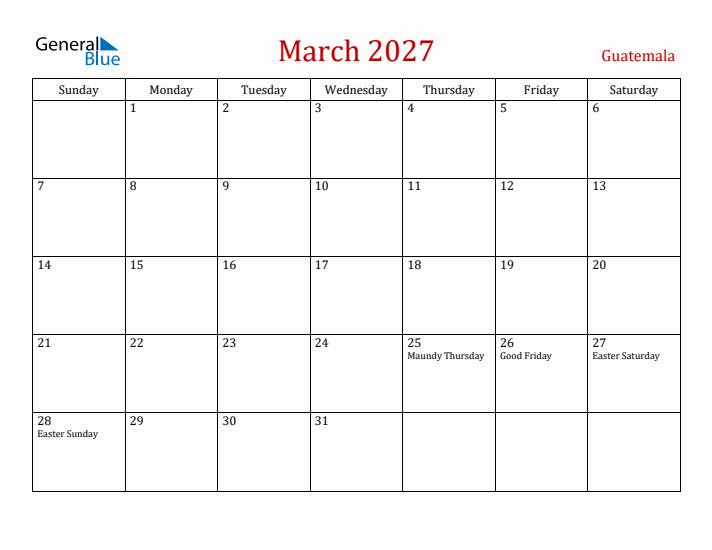 Guatemala March 2027 Calendar - Sunday Start