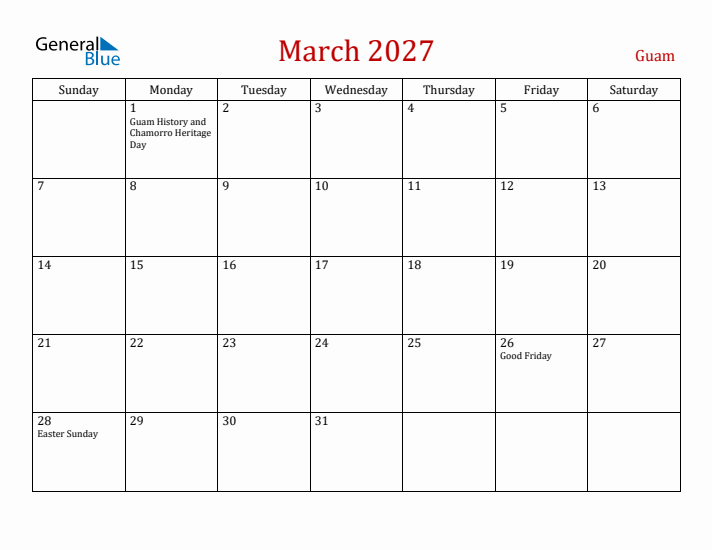 Guam March 2027 Calendar - Sunday Start