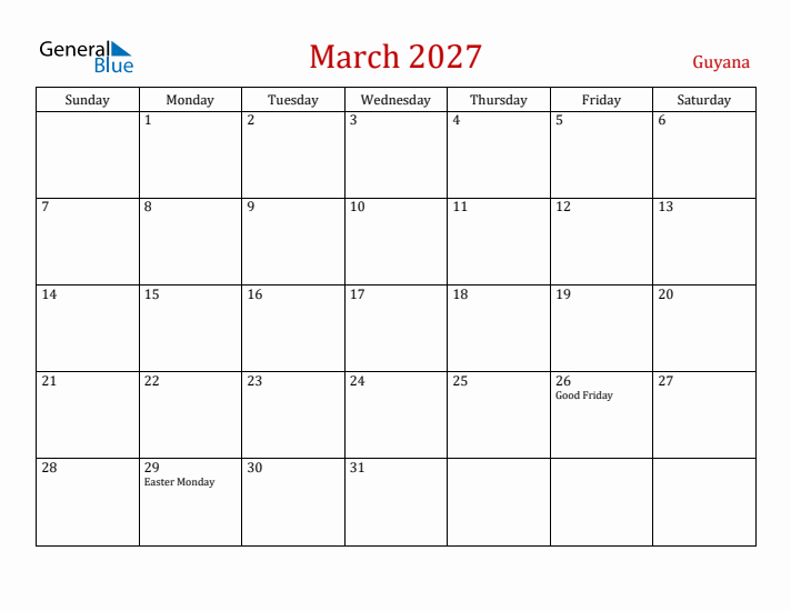 Guyana March 2027 Calendar - Sunday Start