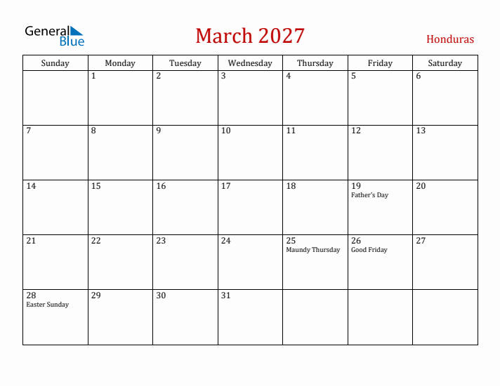 Honduras March 2027 Calendar - Sunday Start