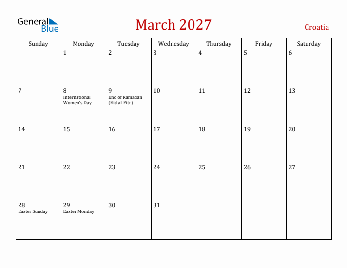 Croatia March 2027 Calendar - Sunday Start