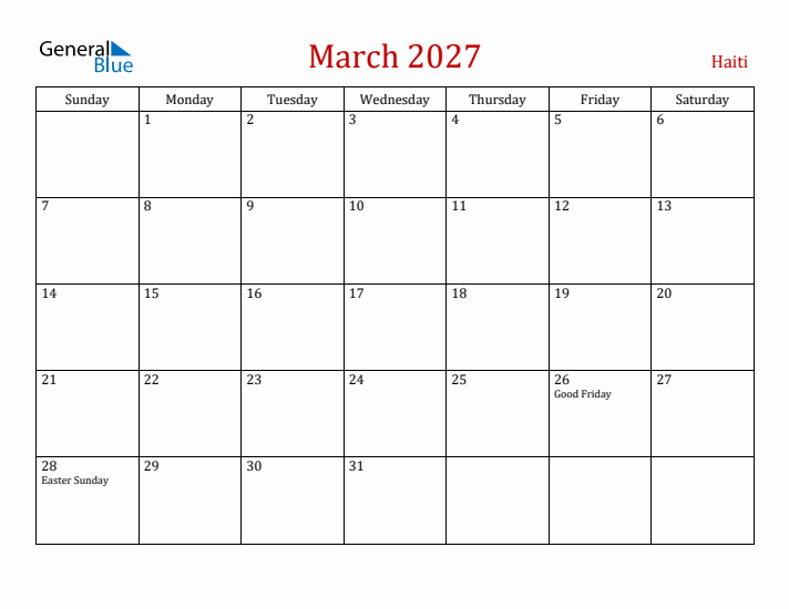 Haiti March 2027 Calendar - Sunday Start