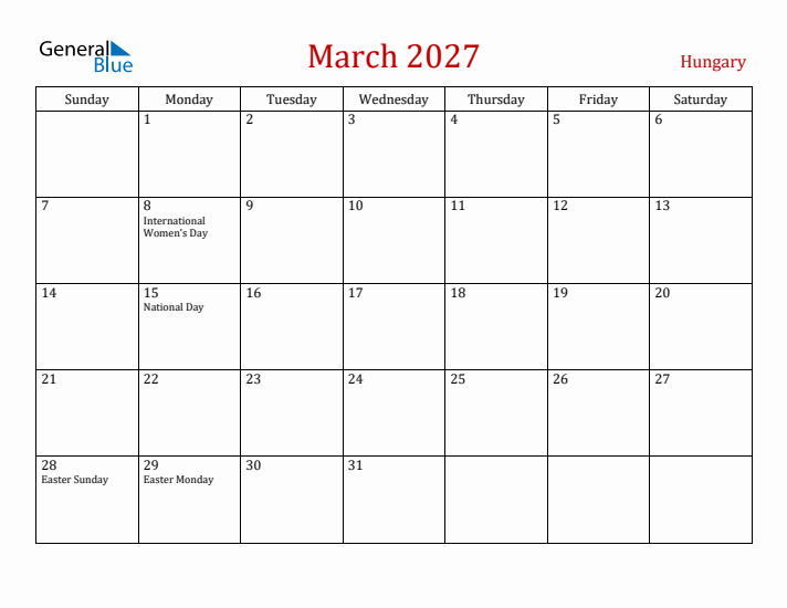 Hungary March 2027 Calendar - Sunday Start
