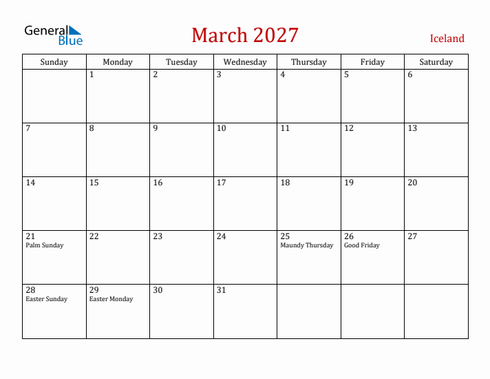 Iceland March 2027 Calendar - Sunday Start