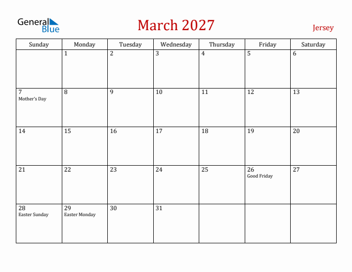 Jersey March 2027 Calendar - Sunday Start