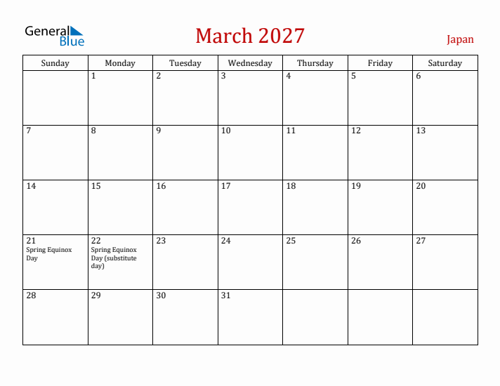 Japan March 2027 Calendar - Sunday Start