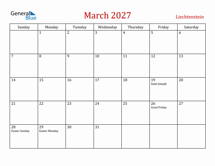 Liechtenstein March 2027 Calendar - Sunday Start