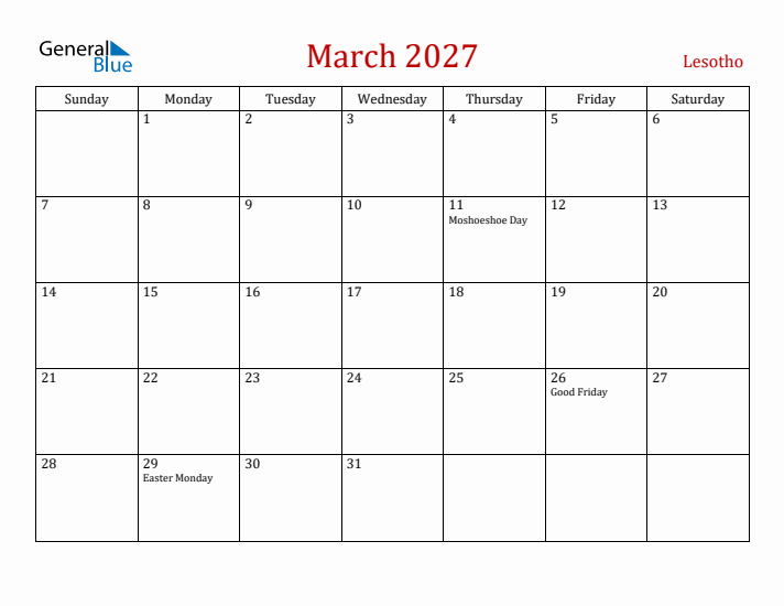 Lesotho March 2027 Calendar - Sunday Start