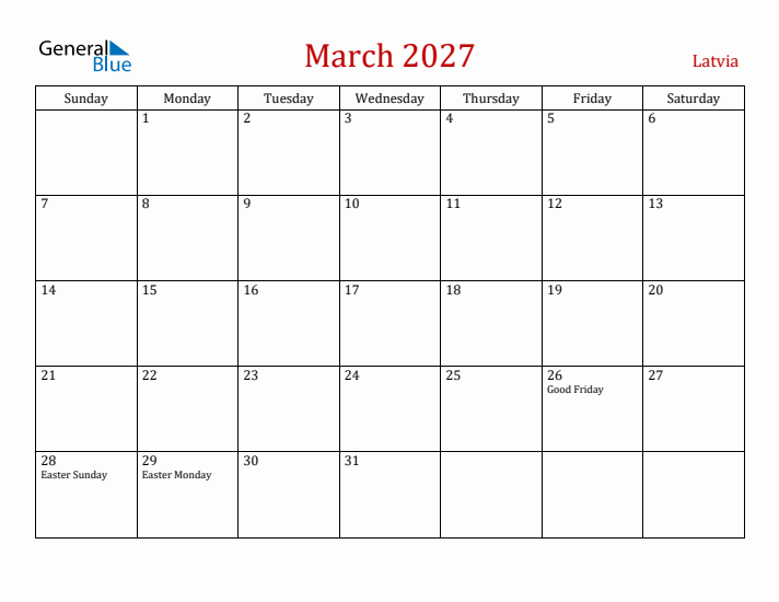 Latvia March 2027 Calendar - Sunday Start
