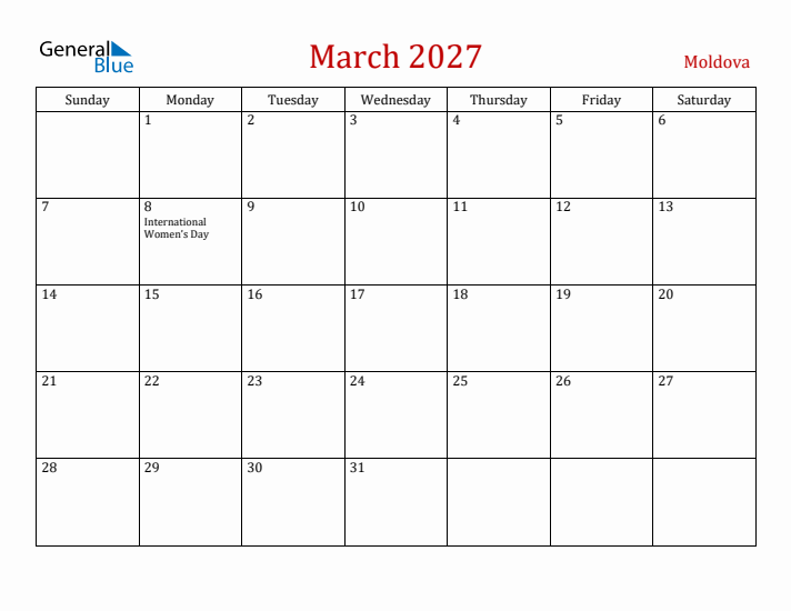 Moldova March 2027 Calendar - Sunday Start