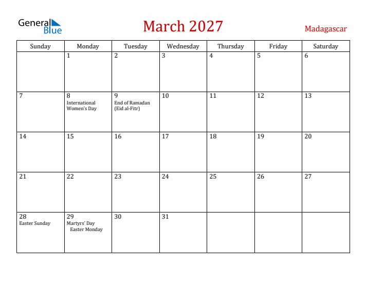 Madagascar March 2027 Calendar - Sunday Start