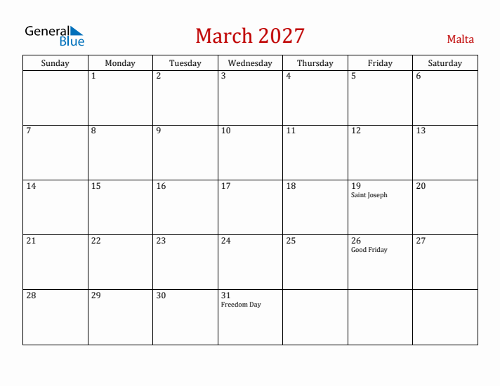 Malta March 2027 Calendar - Sunday Start