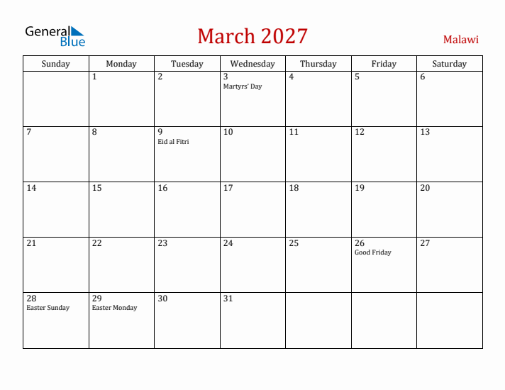Malawi March 2027 Calendar - Sunday Start