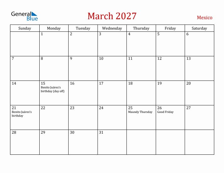 Mexico March 2027 Calendar - Sunday Start