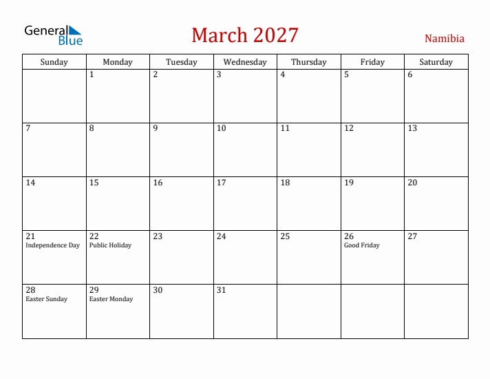 Namibia March 2027 Calendar - Sunday Start