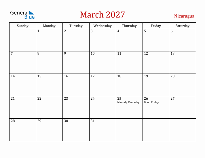 Nicaragua March 2027 Calendar - Sunday Start