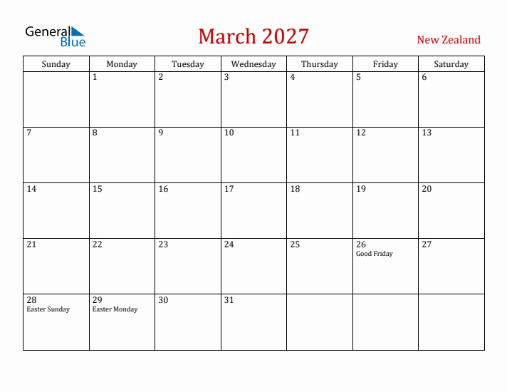New Zealand March 2027 Calendar - Sunday Start