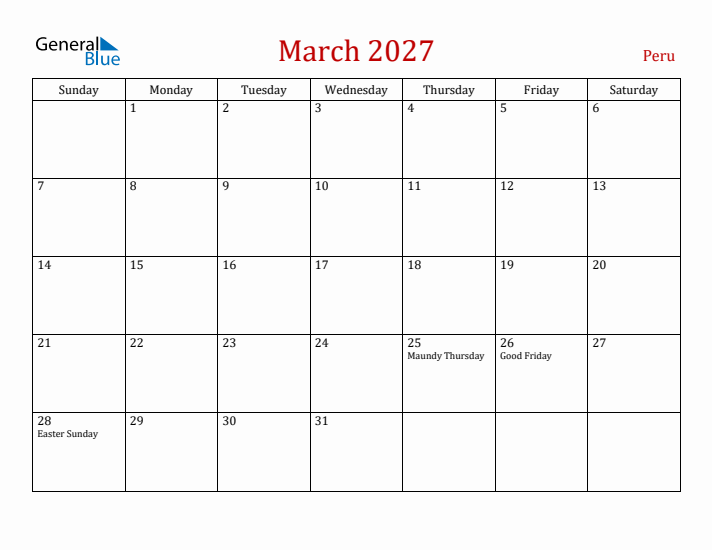Peru March 2027 Calendar - Sunday Start