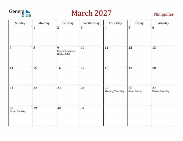 Philippines March 2027 Calendar - Sunday Start