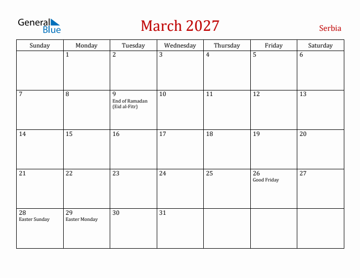 Serbia March 2027 Calendar - Sunday Start