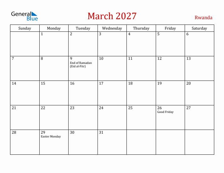 Rwanda March 2027 Calendar - Sunday Start