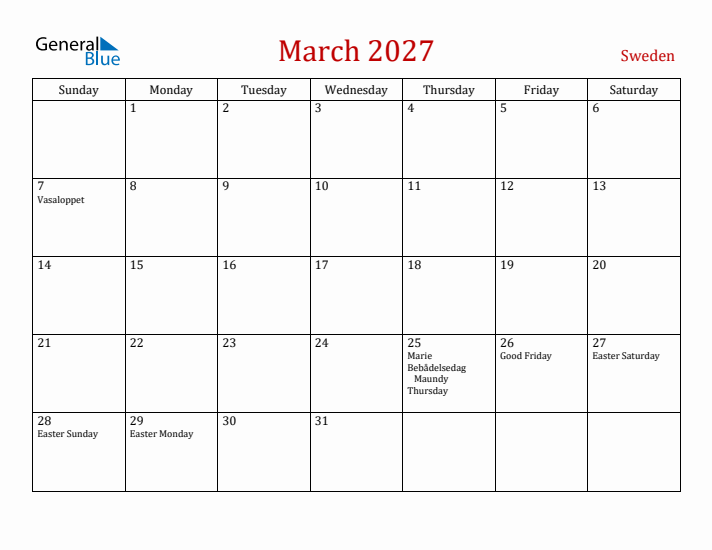Sweden March 2027 Calendar - Sunday Start