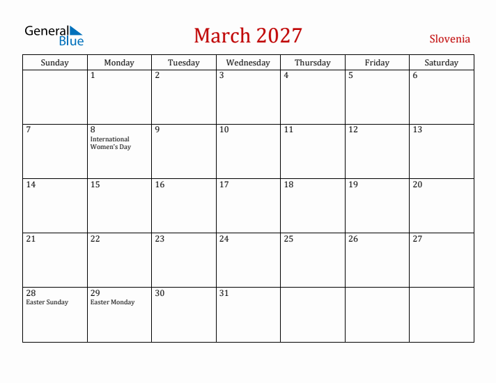 Slovenia March 2027 Calendar - Sunday Start