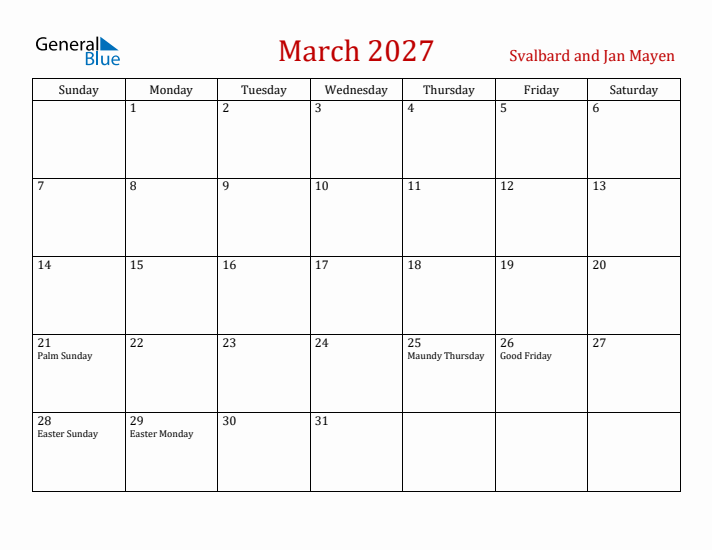 Svalbard and Jan Mayen March 2027 Calendar - Sunday Start