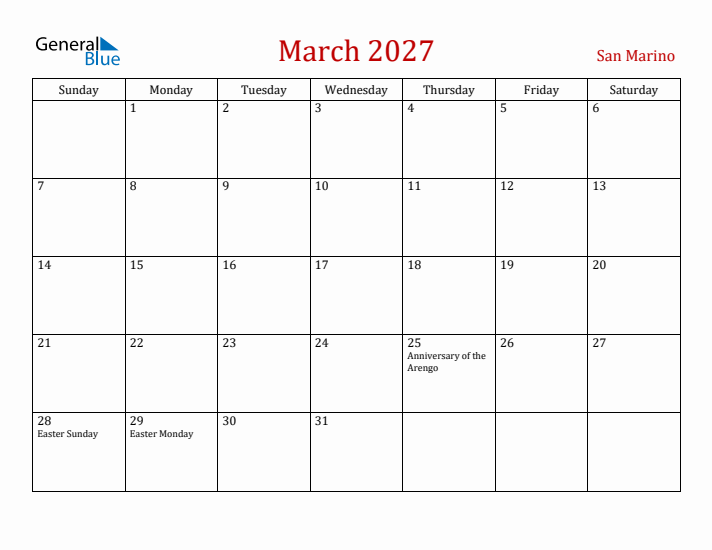 San Marino March 2027 Calendar - Sunday Start