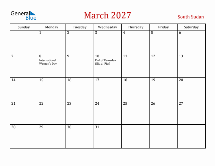 South Sudan March 2027 Calendar - Sunday Start