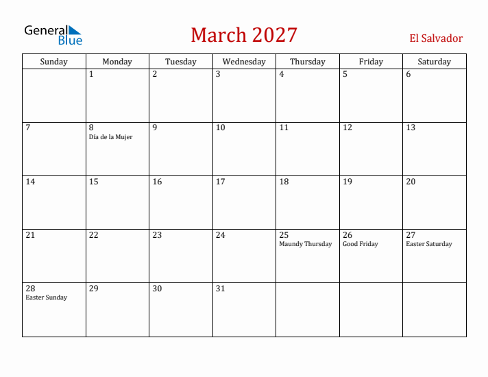 El Salvador March 2027 Calendar - Sunday Start