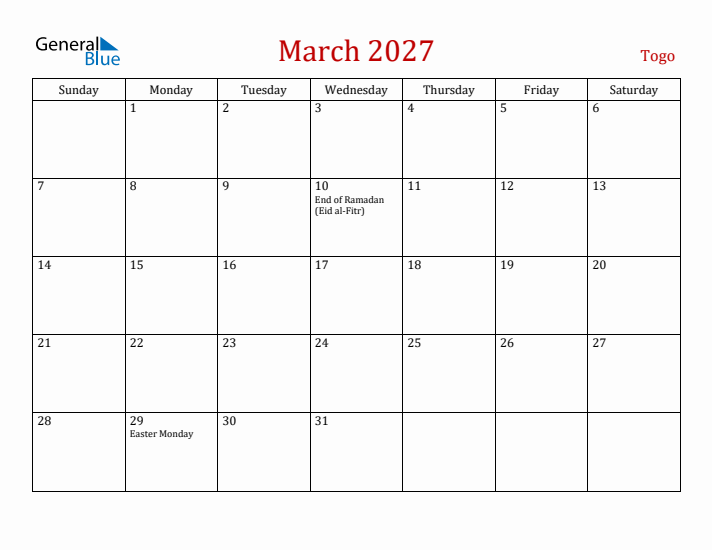 Togo March 2027 Calendar - Sunday Start