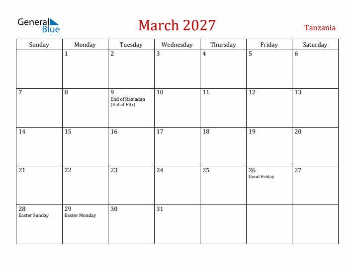 Tanzania March 2027 Calendar - Sunday Start