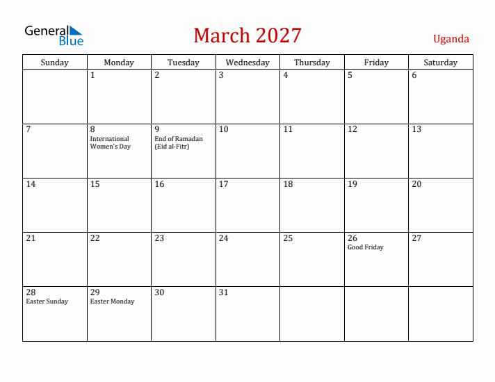 Uganda March 2027 Calendar - Sunday Start