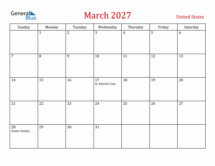 United States March 2027 Calendar - Sunday Start