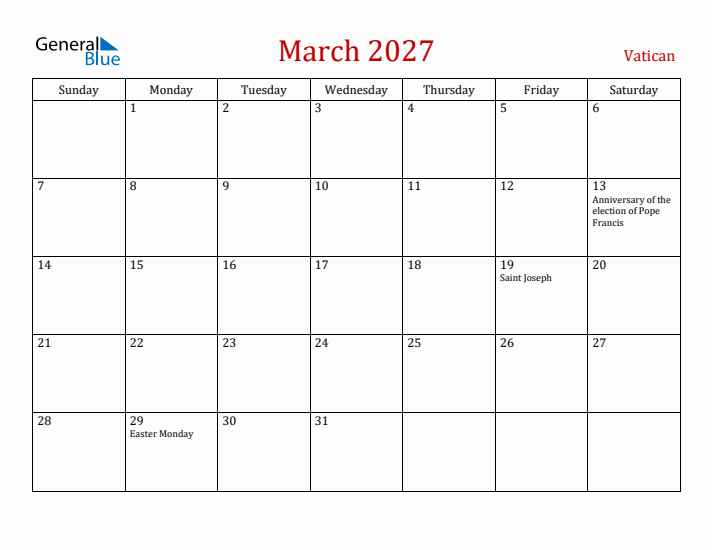 Vatican March 2027 Calendar - Sunday Start