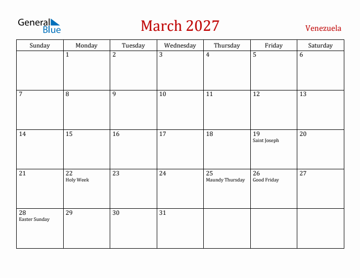 Venezuela March 2027 Calendar - Sunday Start