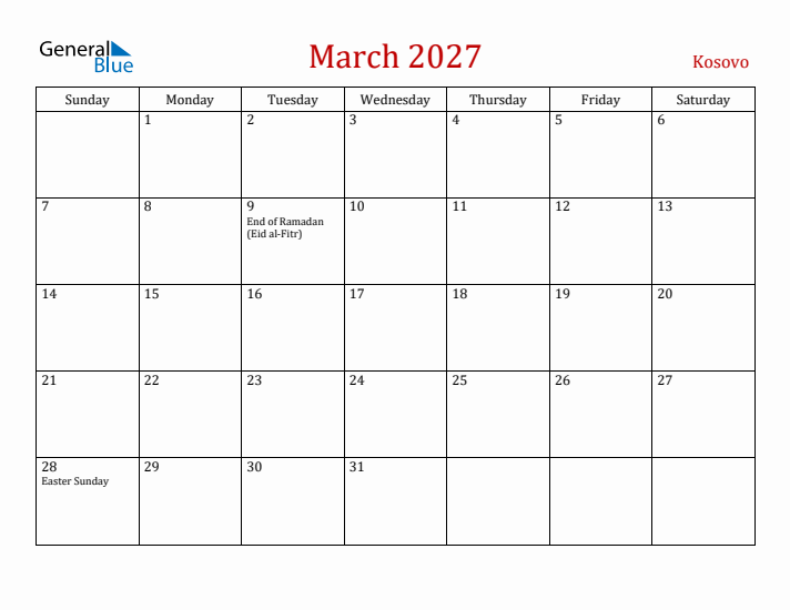 Kosovo March 2027 Calendar - Sunday Start