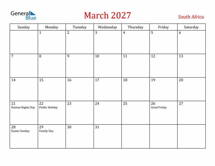 South Africa March 2027 Calendar - Sunday Start
