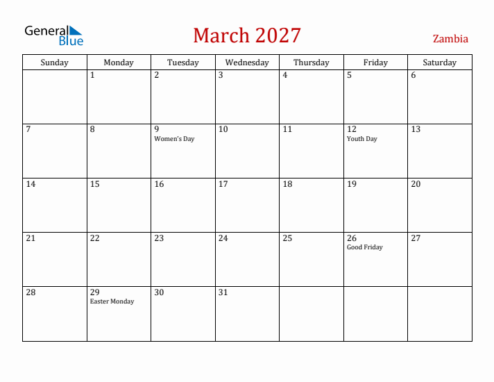 Zambia March 2027 Calendar - Sunday Start