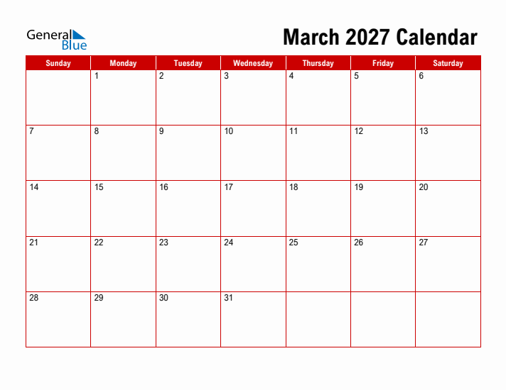 Simple Monthly Calendar - March 2027