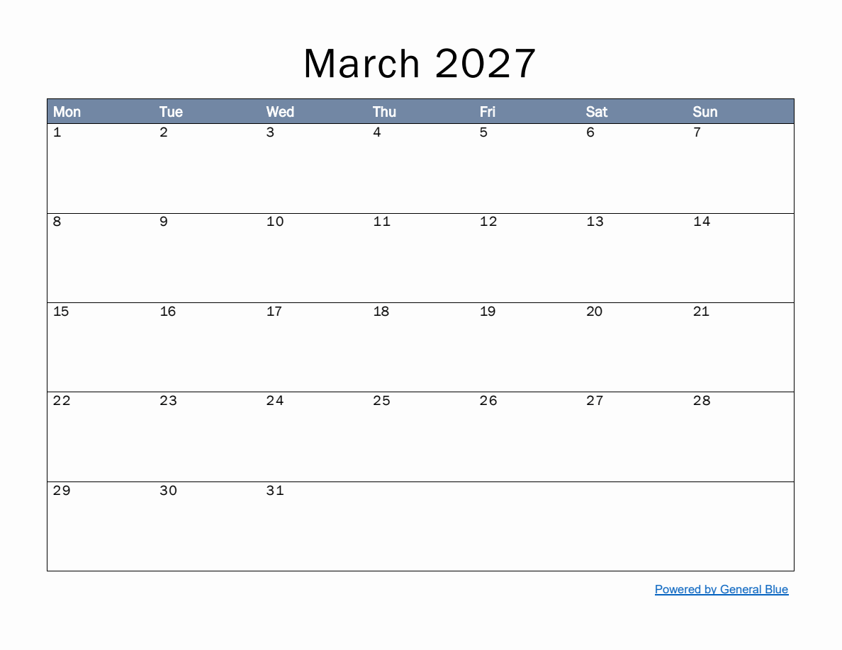 Monthly Calendar Template for March 2027